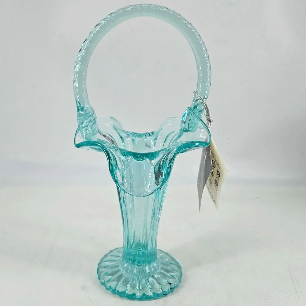 Fenton sea mist Glass Ruffled edge Handled Basket w original hang tag n sticker - Picture 1 of 4